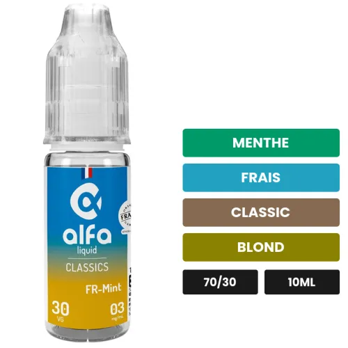 E-liquide FR-Mint d'Alfaliquid, 10 ml, saveurs menthe, frais, classic et 1 autre.