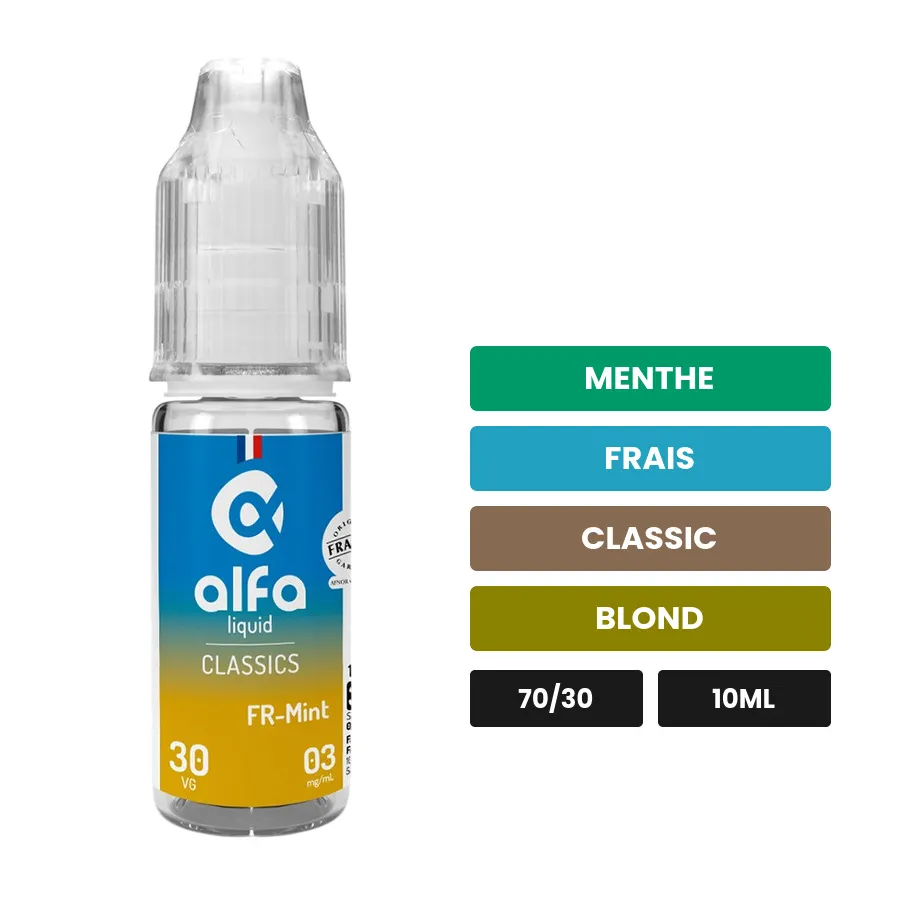 E-liquide FR-Mint d'Alfaliquid, 10 ml, saveurs menthe, frais, classic et 1 autre.