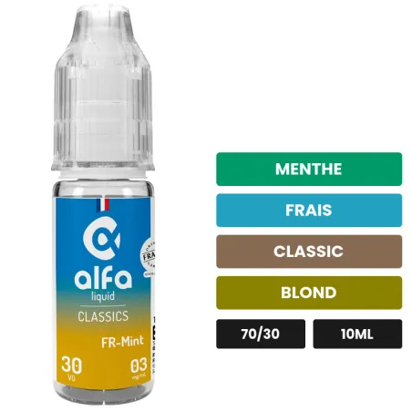 E-liquide FR-Mint d'Alfaliquid, 10 ml, saveurs menthe, frais, classic et 1 autre.