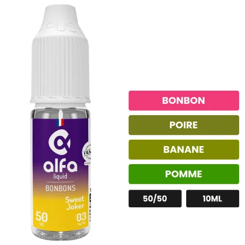 E-liquide Sweet Joker d'Alfaliquid, 10 ml, saveurs bonbon, poire, banane et 2 autres.