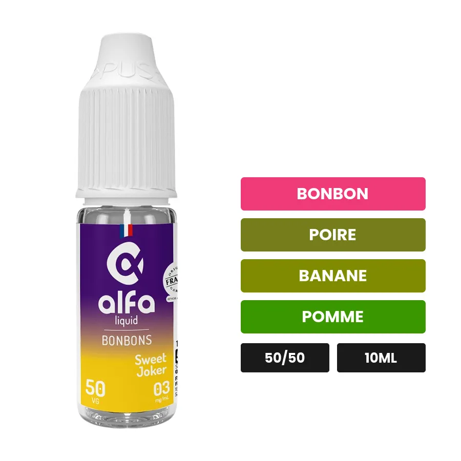 E-liquide Sweet Joker d'Alfaliquid, 10 ml, saveurs bonbon, poire, banane et 2 autres.