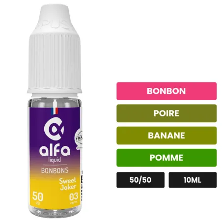 E-liquide Sweet Joker d'Alfaliquid, 10 ml, saveurs bonbon, poire, banane et 2 autres.
