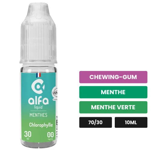 E-liquide Chlorophylle d'Alfaliquid, 10 ml, saveurs chewing-gum, menthe et menthe verte.