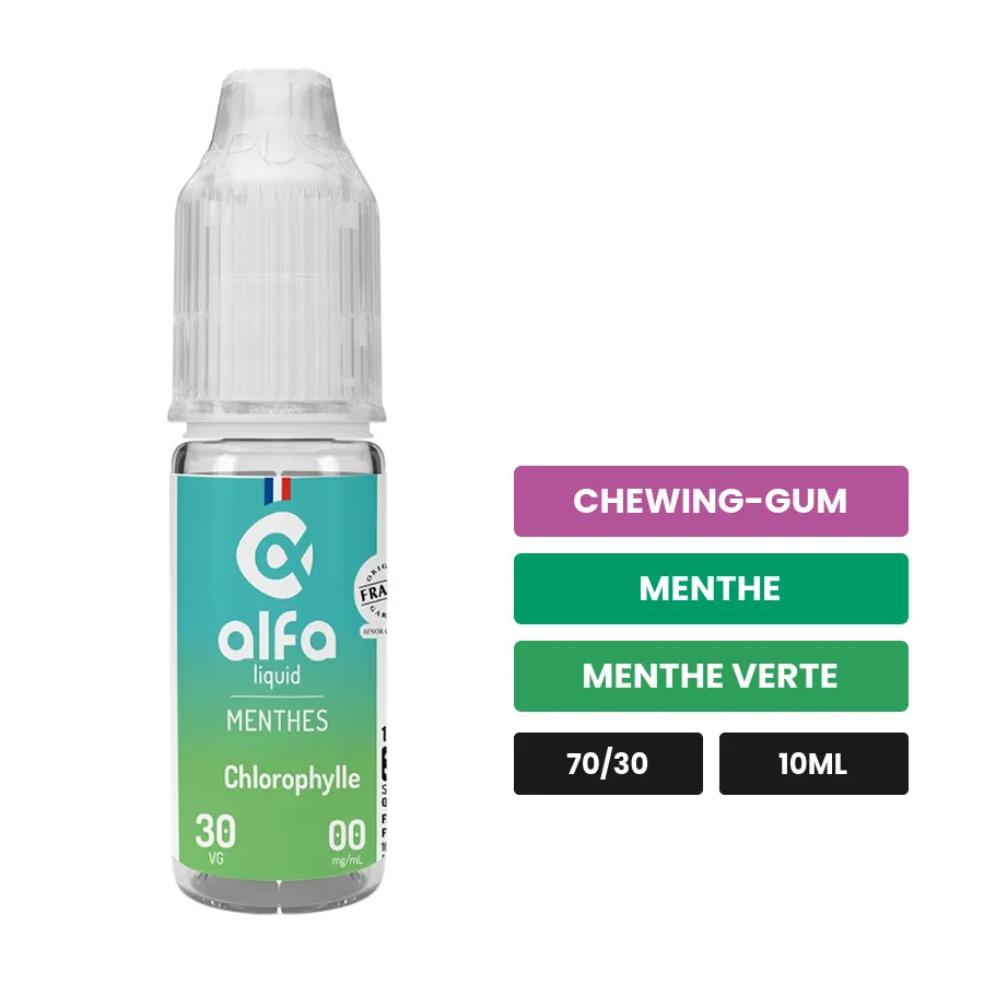 E-liquide Chlorophylle d'Alfaliquid, 10 ml, saveurs chewing-gum, menthe et menthe verte.