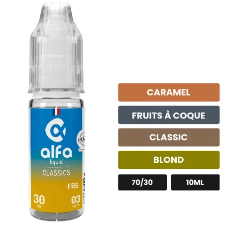 E-liquide Fr5 d'Alfaliquid, 10 ml, saveurs caramel, fruits à coque, classic et 1 autre.