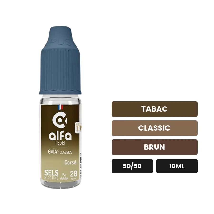 E-liquide Blond Corsé d'Alfaliquid, 10 ml, saveurs tabac, classic et brun, 10 mg de nicotine.