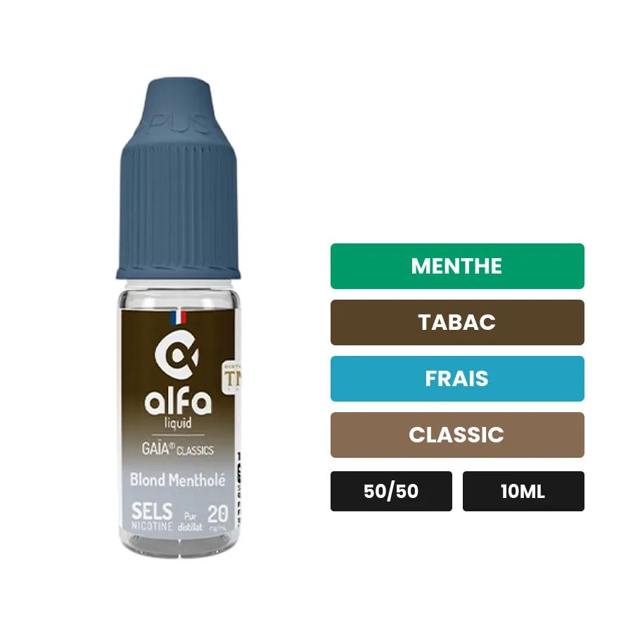 E-liquide Blond Mentholé d'Alfaliquid, 10 ml, saveurs menthe, tabac, frais et 2 autres.