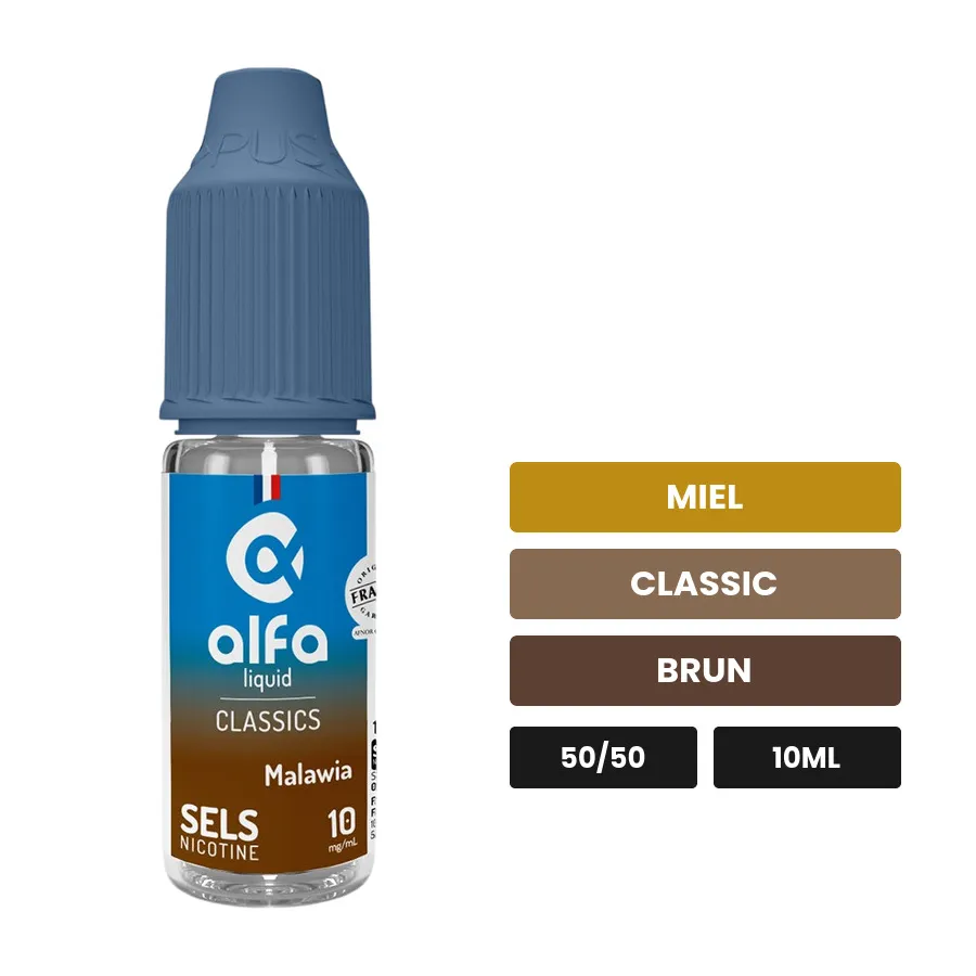 E-liquide Malawia d'Alfaliquid, 10 ml, saveurs miel, classic et brun.
