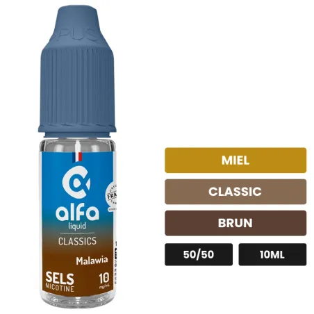 E-liquide Malawia d'Alfaliquid, 10 ml, saveurs miel, classic et brun.