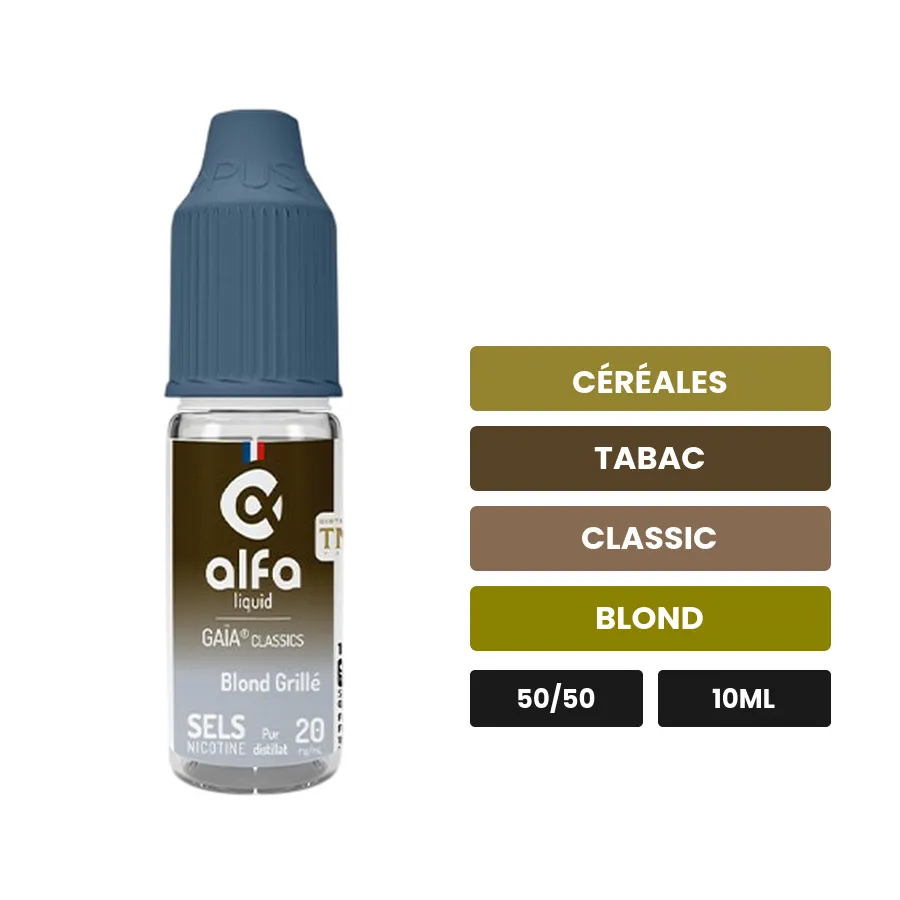 E-liquide Blond Grillé d'Alfaliquid, 10 ml, saveurs céréales, tabac, classic et 1 autre.