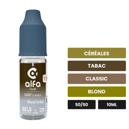 E-liquide Blond Grillé d'Alfaliquid, 10 ml, saveurs céréales, tabac, classic et 1 autre.