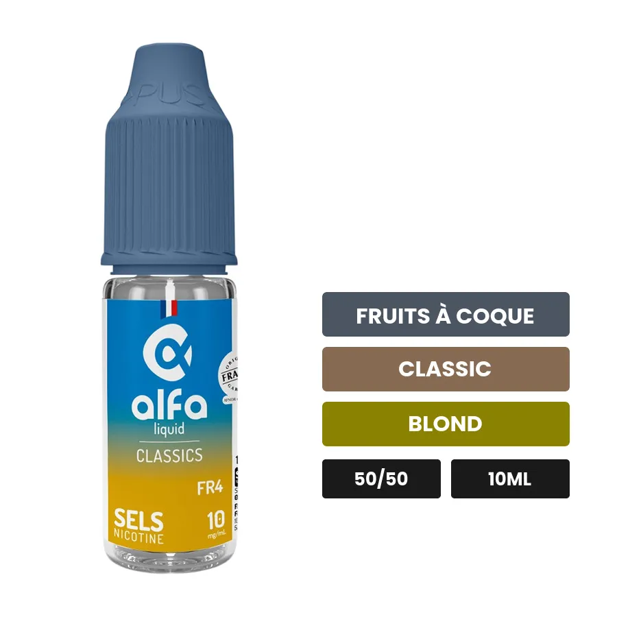 E-liquide Fr4 d'Alfaliquid, 10 ml, saveurs fruits à coque, classic et blond.