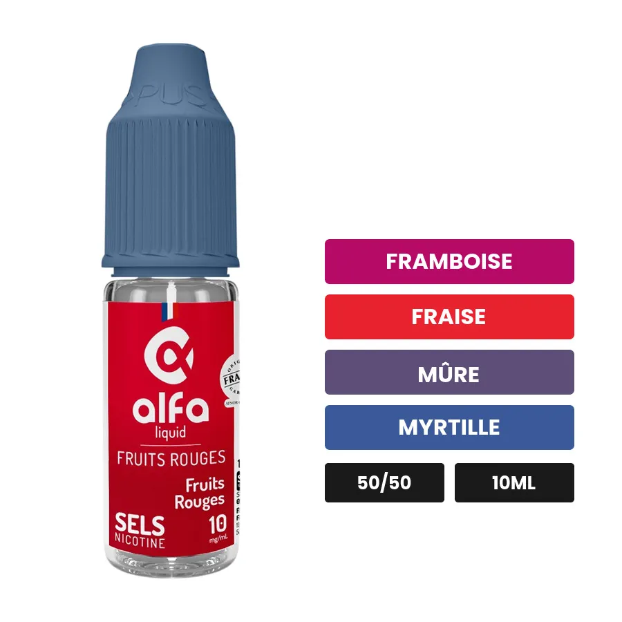 E-liquide Fruits Rouges d'Alfaliquid, 10 ml, saveurs framboise, fraise, mûre et 2 autres.