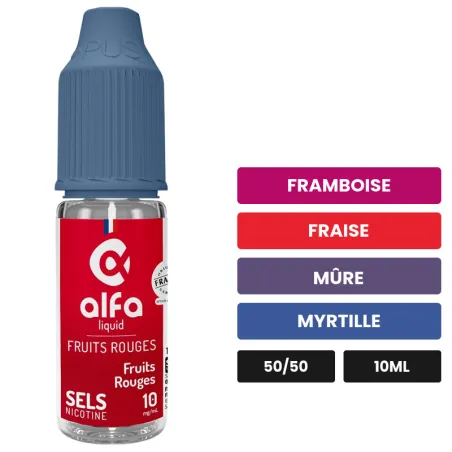 E-liquide Fruits Rouges d'Alfaliquid, 10 ml, saveurs framboise, fraise, mûre et 2 autres.