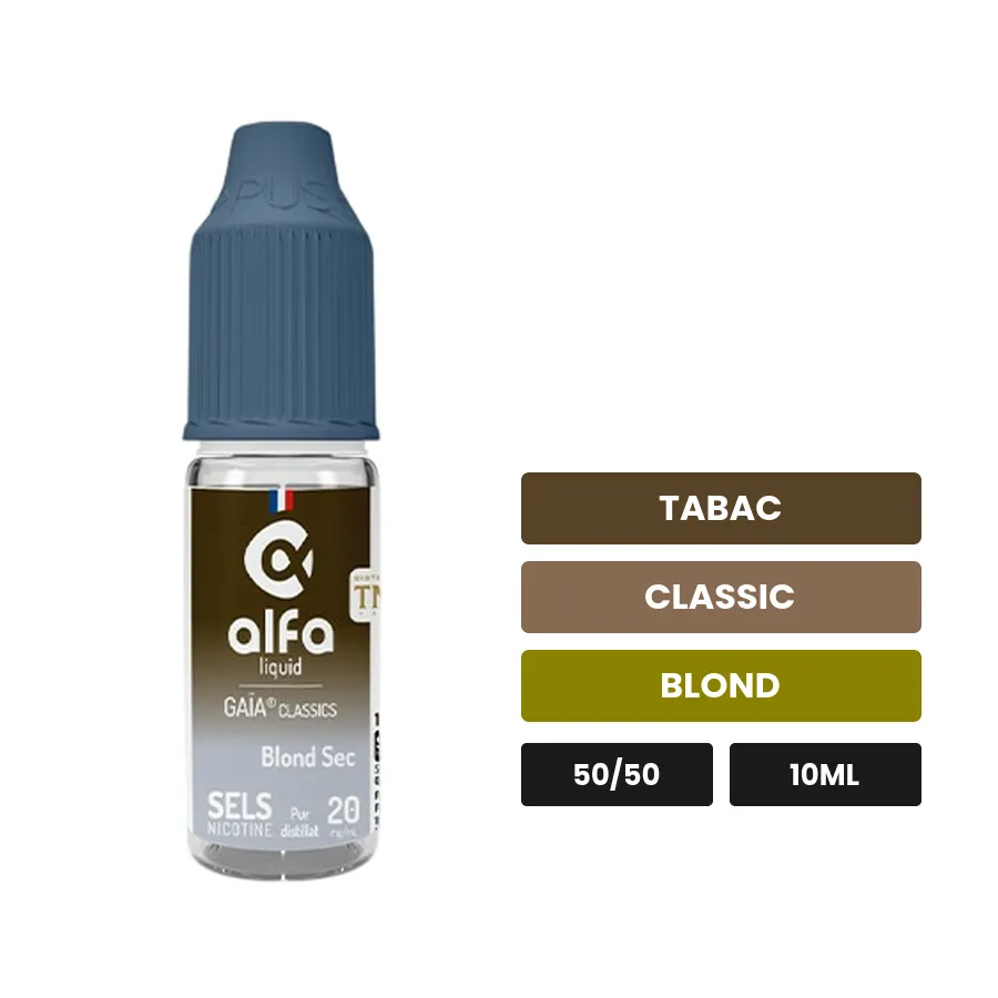 E-liquide Blond Sec d'Alfaliquid, 10 ml, saveurs tabac, classic et blond.