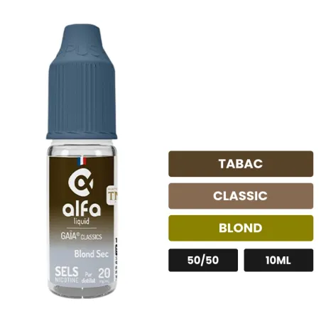E-liquide Blond Sec d'Alfaliquid, 10 ml, saveurs tabac, classic et blond.