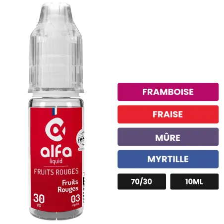 E-liquide Fruits Rouges d'Alfaliquid, 10 ml, saveurs framboise, fraise, mûre et 2 autres.