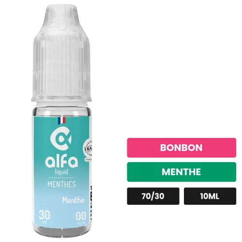 E-liquide Menthe d'Alfaliquid, 10 ml, saveurs bonbon et menthe.