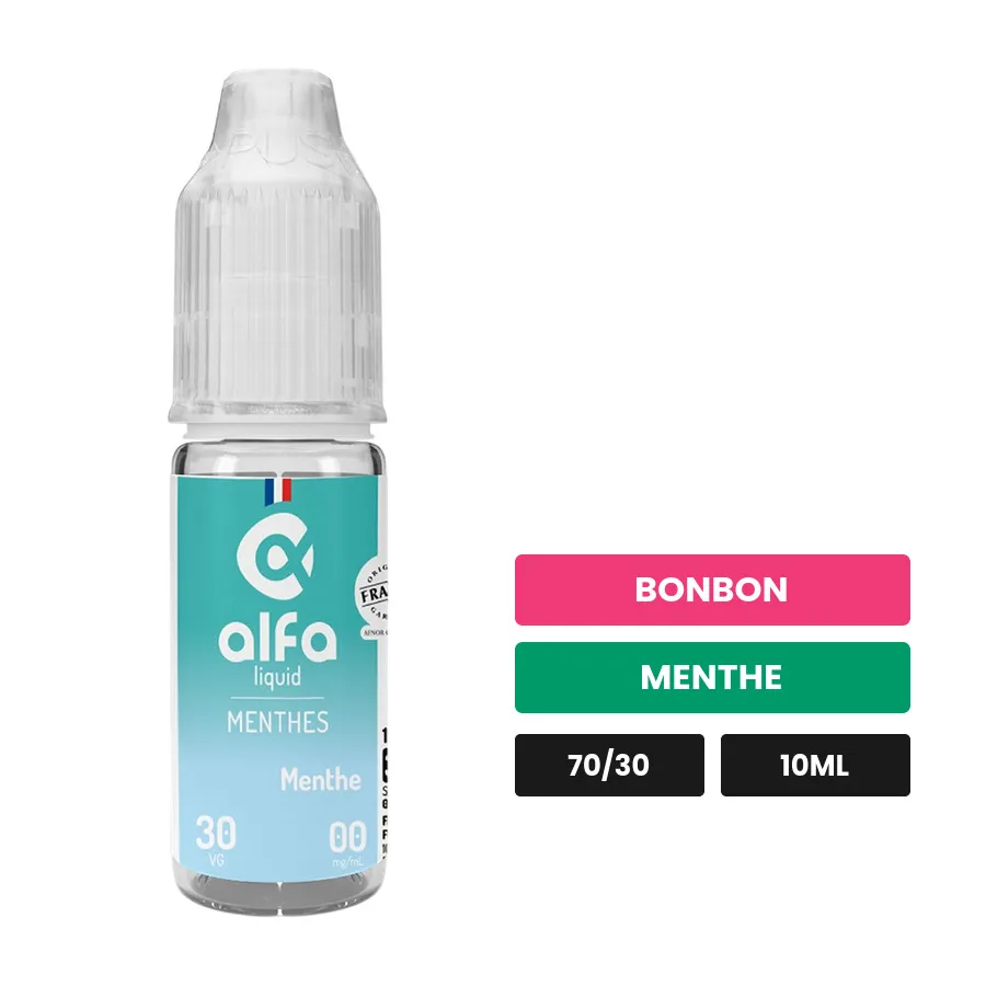E-liquide Menthe d'Alfaliquid, 10 ml, saveurs bonbon et menthe.