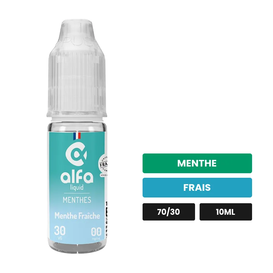 E-liquide Menthe Fraîche d'Alfaliquid, 10 ml, saveurs menthe et frais.