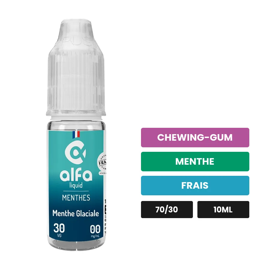 E-liquide Menthe Glaciale d'Alfaliquid, 10 ml, saveurs chewing-gum, menthe et frais.