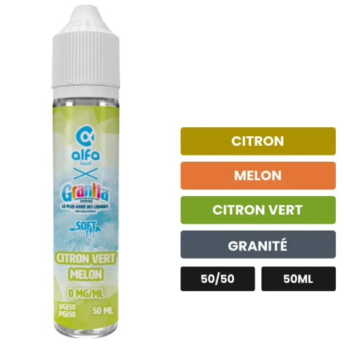 E-liquide Citron Vert Melon d'Alfaliquid, 50 ml, saveurs citron, melon, citron vert et 2 autres.