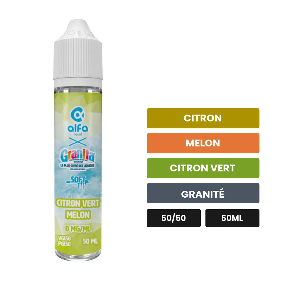 E-liquide Citron Vert Melon d'Alfaliquid, 50 ml, saveurs citron, melon, citron vert et 2 autres.