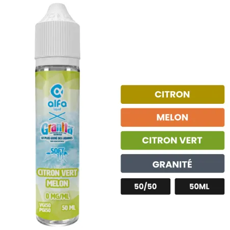 E-liquide Citron Vert Melon d'Alfaliquid, 50 ml, saveurs citron, melon, citron vert et 2 autres.