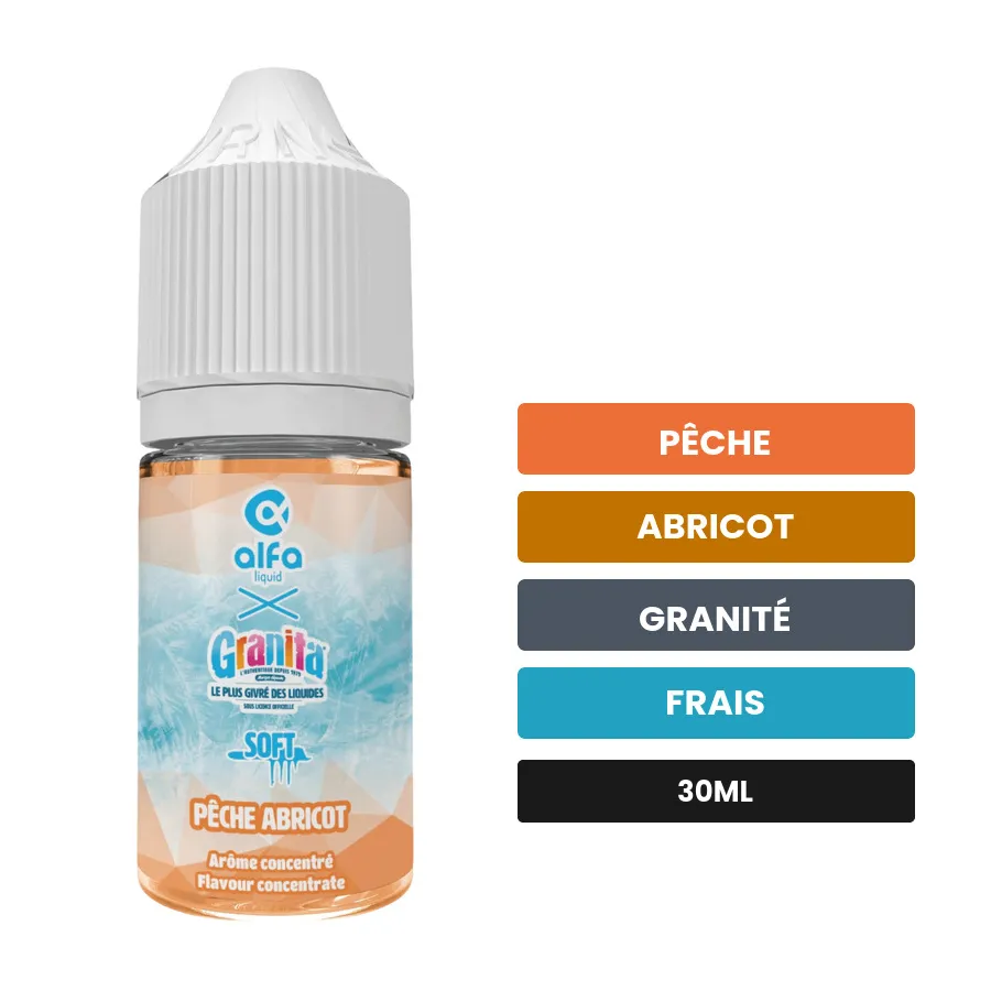 Arome concentre Pêche Abricot d'Alfaliquid, 30 ml, saveurs pêche, abricot, granité et 1 autre.
