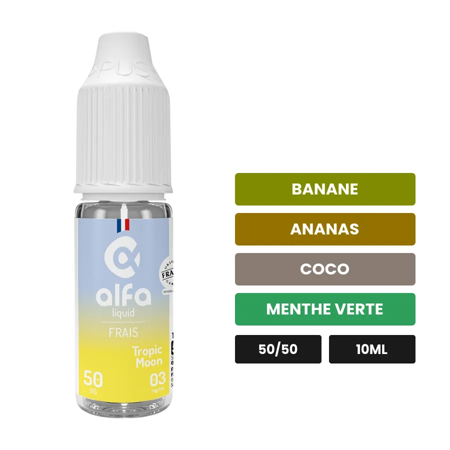 E-liquide Tropic Moon d'Alfaliquid, 10 ml, saveurs banane, ananas, coco et 2 autres.