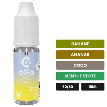 E-liquide Tropic Moon d'Alfaliquid, 10 ml, saveurs banane, ananas, coco et 2 autres.