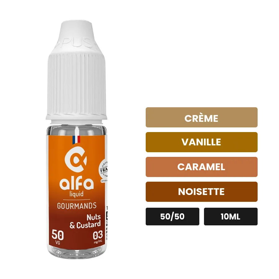E-liquide Nuts & Custard d'Alfaliquid, 10 ml, saveurs crème, vanille, caramel et 2 autres.