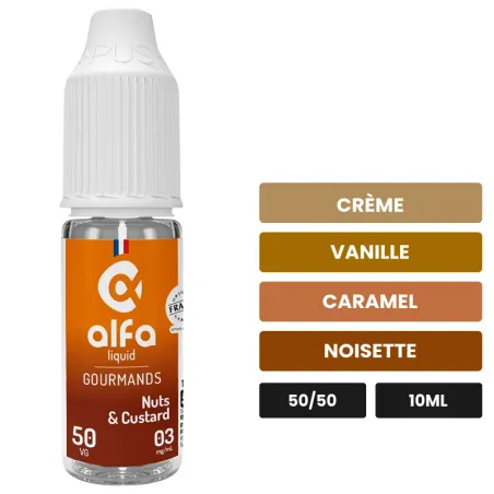E-liquide Nuts & Custard d'Alfaliquid, 10 ml, saveurs crème, vanille, caramel et 2 autres.