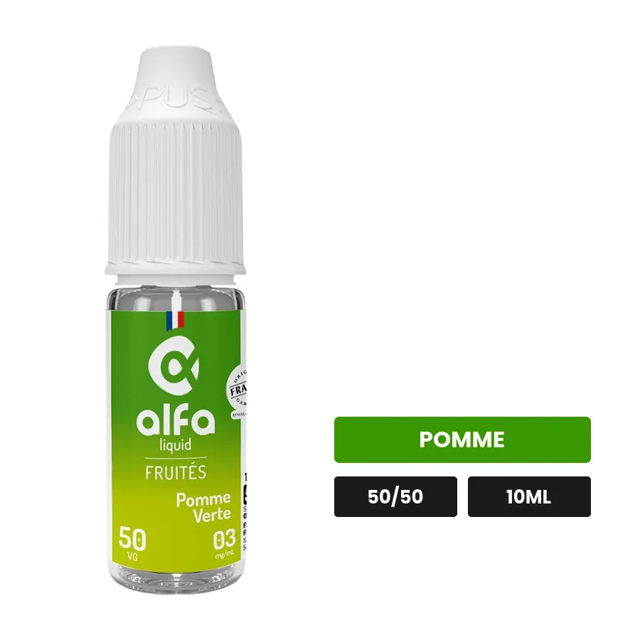 E-liquide Pomme Verte 50/50 d'Alfaliquid, 10 ml, saveur pomme.