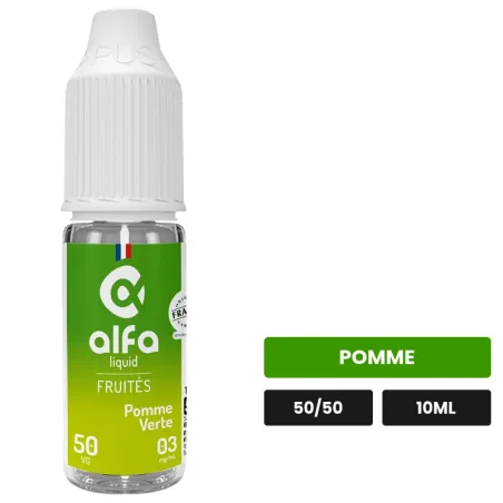 E-liquide Pomme Verte 50/50 d'Alfaliquid, 10 ml, saveur pomme.