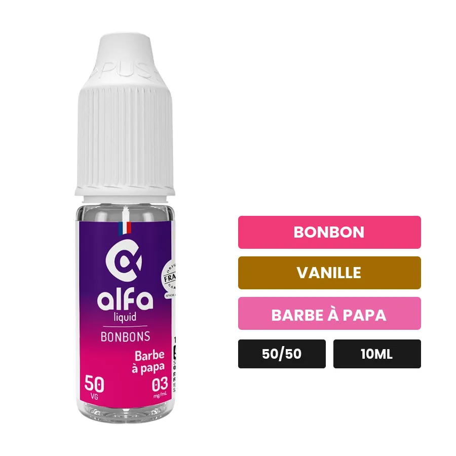 E-liquide Barbe à Papa 50/50 d'Alfaliquid, 10 ml, saveurs bonbon, vanille et barbe à papa.