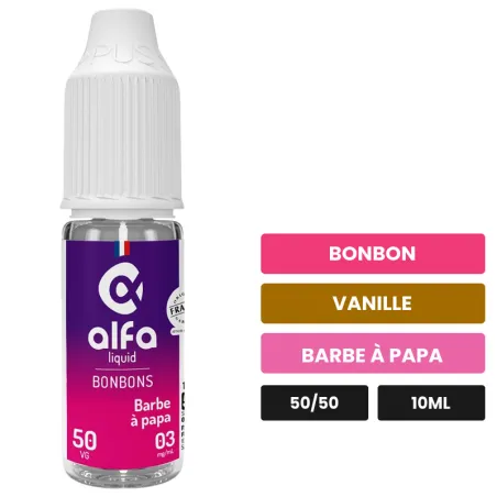 E-liquide Barbe à Papa 50/50 d'Alfaliquid, 10 ml, saveurs bonbon, vanille et barbe à papa.
