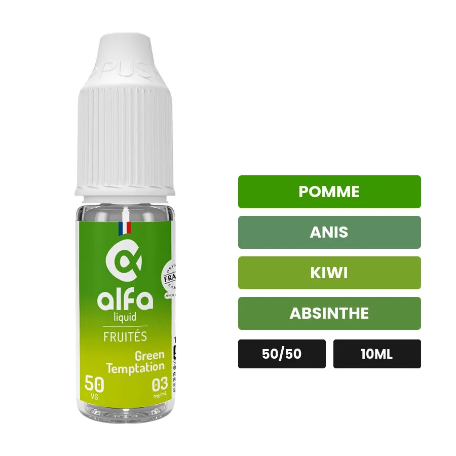 E-liquide Green Temptation d'Alfaliquid, 10 ml, saveurs pomme, anis, kiwi et 1 autre.