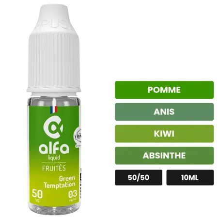 E-liquide Green Temptation d'Alfaliquid, 10 ml, saveurs pomme, anis, kiwi et 1 autre.