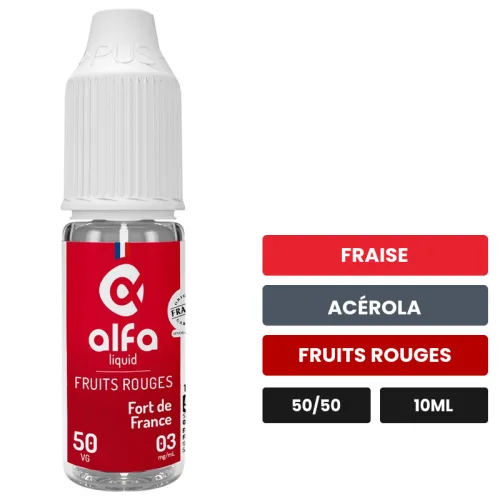 E-liquide Fort de France 50/50 d'Alfaliquid, 10 ml, saveurs fraise, acérola et fruits rouges.