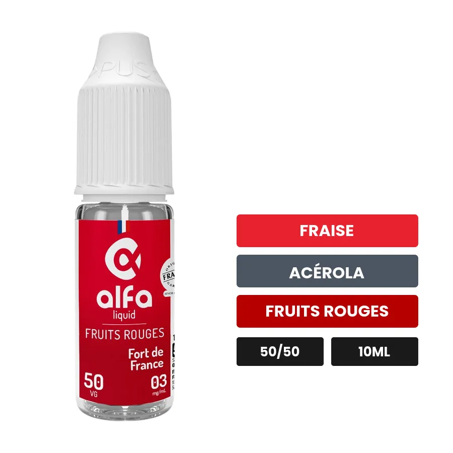 E-liquide Fort de France 50/50 d'Alfaliquid, 10 ml, saveurs fraise, acérola et fruits rouges.