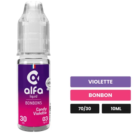 E-liquide Candy Violette d'Alfaliquid, 10 ml, saveurs violette et bonbon.