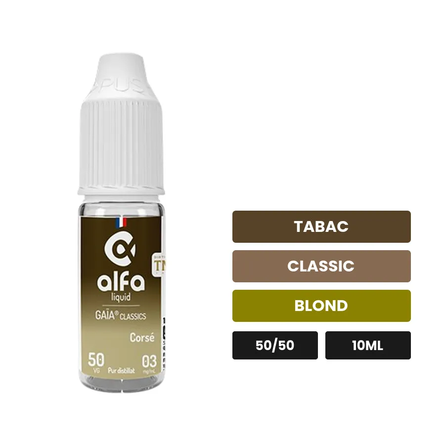 E-liquide Blond Corsé 50/50 d'Alfaliquid, 10 ml, saveurs tabac, classic et blond.