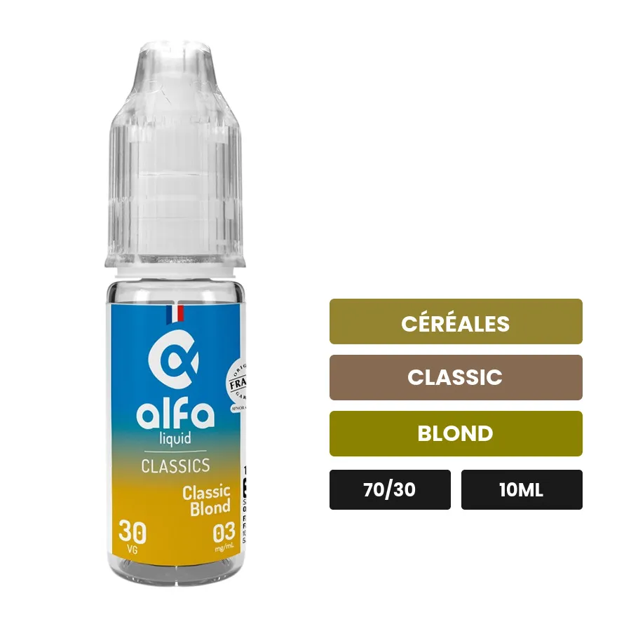E-liquide Classic Blond d'Alfaliquid, 10 ml, saveurs céréales, classic et blond.