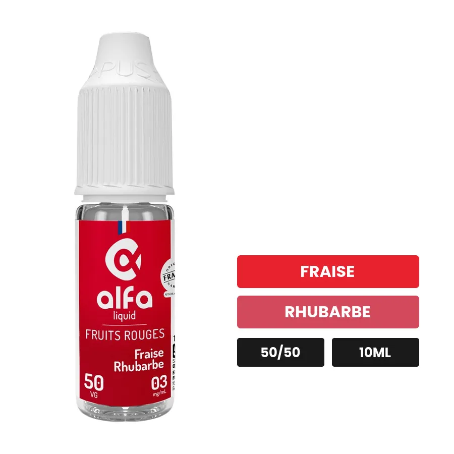 E-liquide Fraise Rhubarbe d'Alfaliquid, 10 ml, saveurs fraise et rhubarbe.
