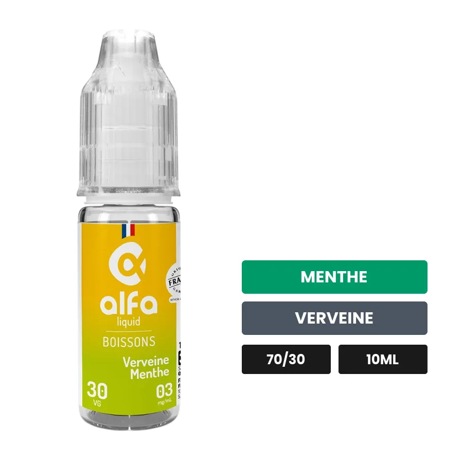 E-liquide Verveine Menthe d'Alfaliquid, 10 ml, saveurs menthe et verveine.
