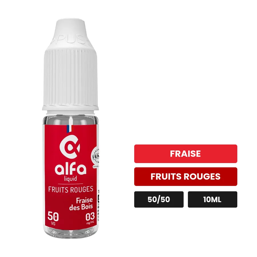 E-liquide Fraise des Bois 50/50 d'Alfaliquid, 10 ml, saveurs fraise et fruits rouges.