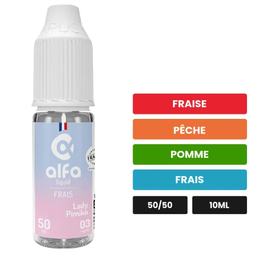 E-liquide Lady Pimiko d'Alfaliquid, 10 ml, saveurs fraise, pêche, pomme et 1 autre.