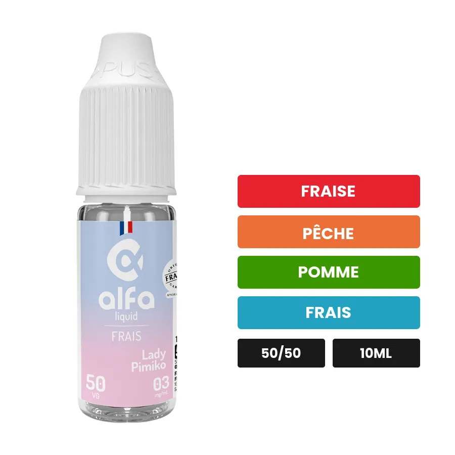 E-liquide Lady Pimiko d'Alfaliquid, 10 ml, saveurs fraise, pêche, pomme et 1 autre.