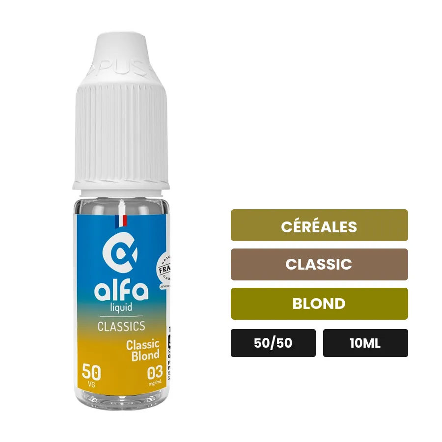 E-liquide Classic Blond 50/50 d'Alfaliquid, 10 ml, saveurs céréales, classic et blond.